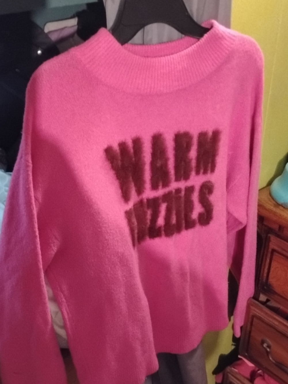 a new day Pink Crewneck Sweater with 'WARM NUZZLES' Fuzzy Lettering